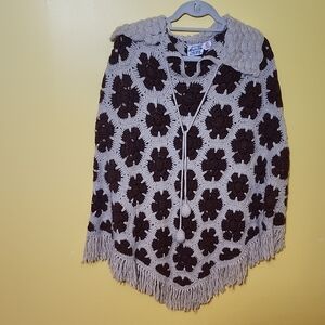 Vintage Crochet Poncho  Brown Hippie Boho One Size